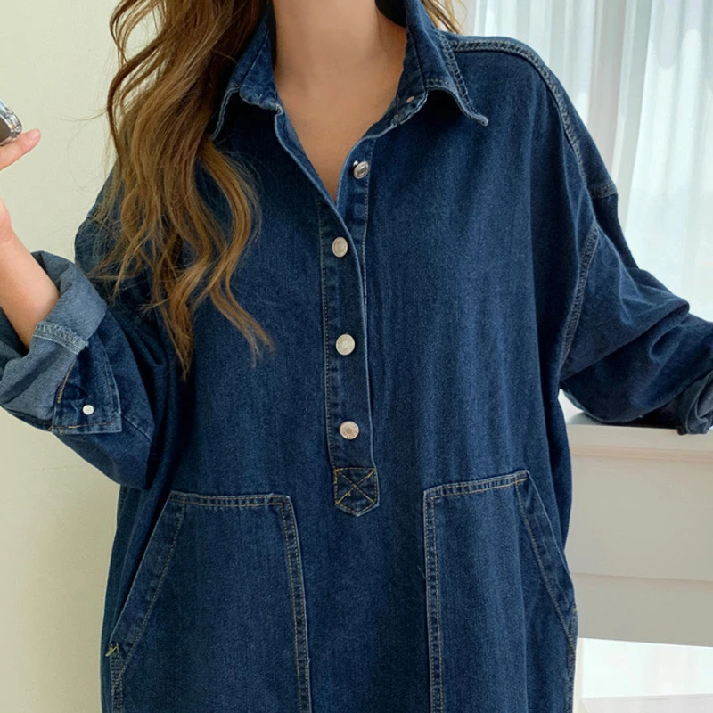 

Denim Dress Women's Spring Clothing Full Sleeve Turn-Down Collar Jeans Dresses Casual Loose Female Street Wear Denim Robe Dress