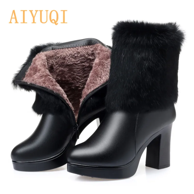 AIYUQI; женские ботильоны; Сезон Зима; натуральная кожа; мех кролика; модная новинка; пикантная теплая шерстяная обувь на высоком каблуке; женские ботинки