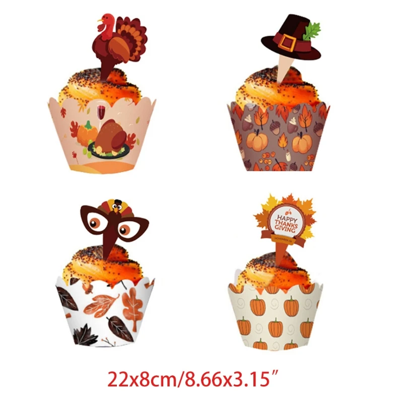 12/24pcs Thanksgiving Cupcake Toppers Cake Cups Wrappers Turkey Hat Sign Harvest Day Party Decorations | Дом и сад