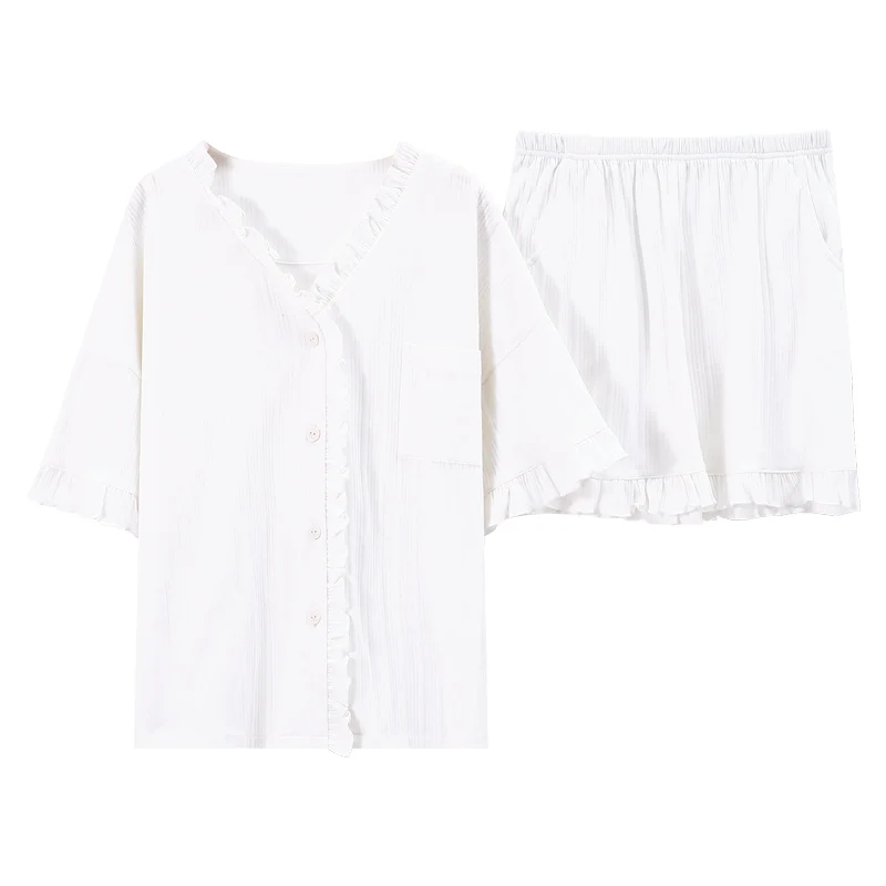 

For Women Sweet White Lace Vintage Girls Sleepwear Cotton Homewear Sexy V-neck Short Sleeve Nightwear Suit Summer Pajamas Set