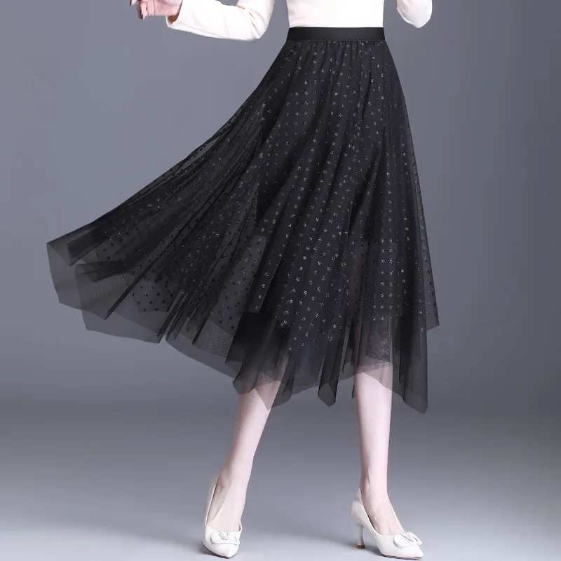 

2021 Women High Waist Temperament Irregular Long Mesh Pleated Skirt Office Lady Elegant Chic Korean Loose Big Swing Stars Skirts