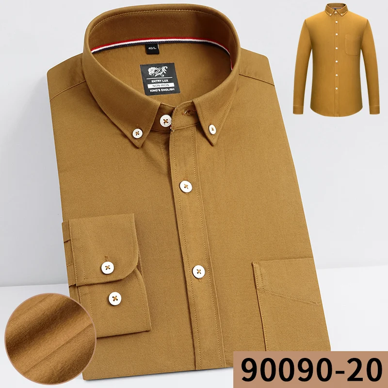 

100% Cotton Oxford Shirt Men's Long Sleeve Embroidered Horse Casual Without Pocket Solid Yellow Dress Shirt Men