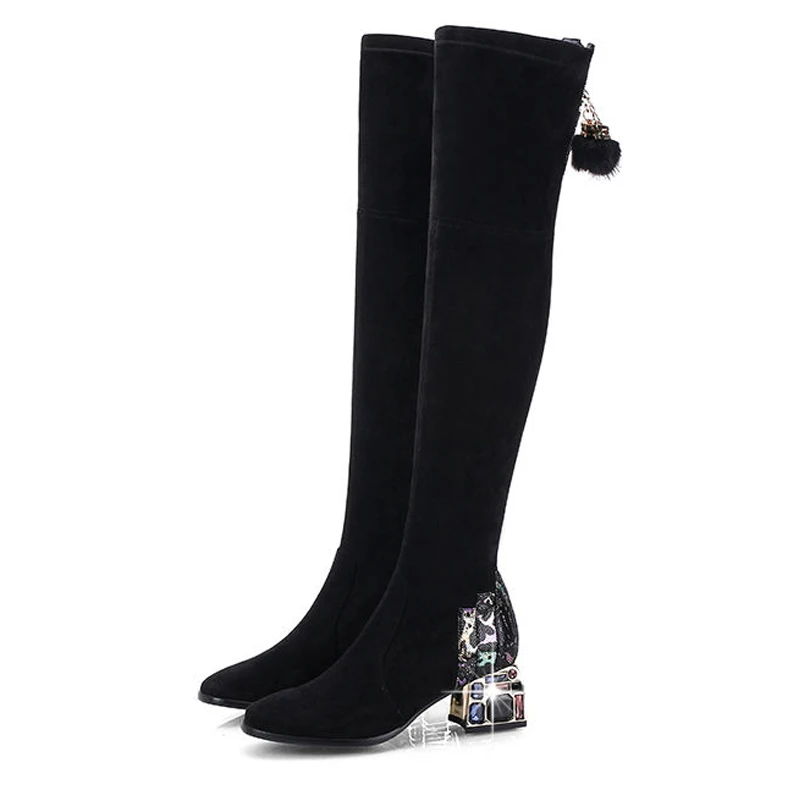 Пикантные Женские Сапоги выше колена со вставками из Стразы квадратный на