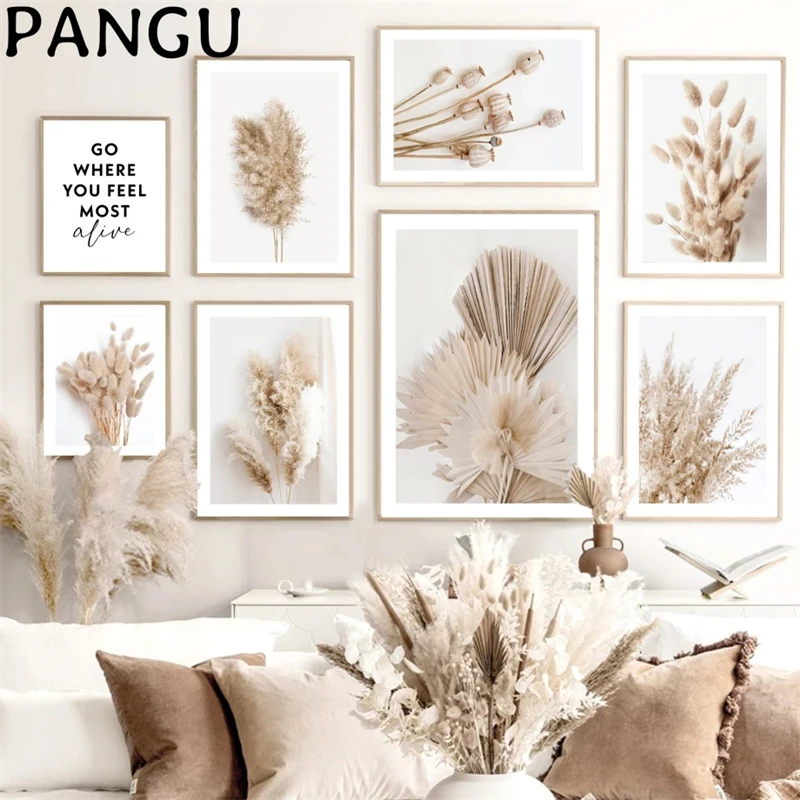 

Настенная картина бежевого кролика, хвоста, травы, тростника, цветов, листьев, холст, скандинавские постеры и принты, настенные картины для д...