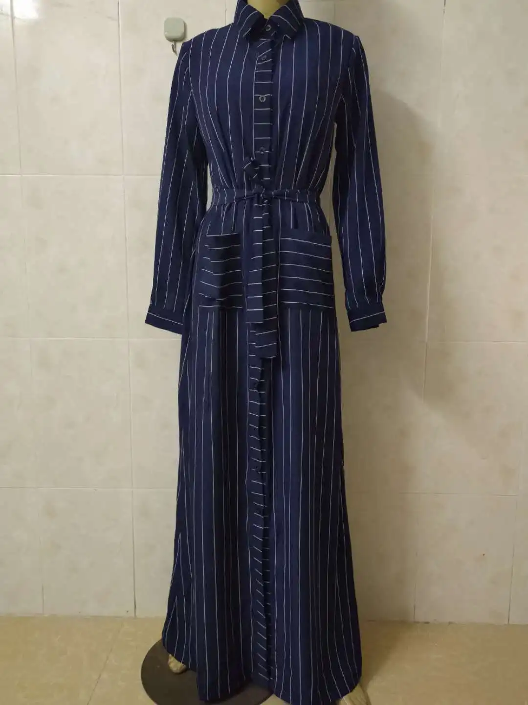 

Vintage Muslim Dress Women abaya lace-up Slim Long Sleeve Striped Maxi Hijab Dresses Islamic Clothing shirt vestido Dubai kaftan