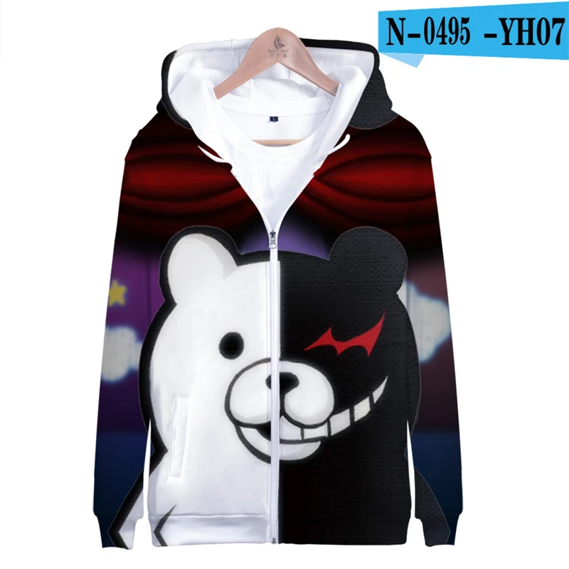 Danganronpa толстовка с капюшоном длинный рукав 3d печатная игровая одежда черный белый медведь Монокума негабаритных Moletom Аниме толстовки - Цвет: Zipper Hoodie