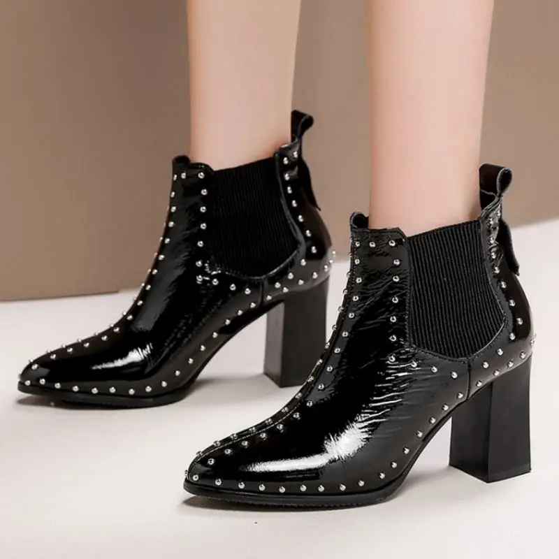 

KemeKiss Women Sexy Rivets Ankle Boots Real Leather Slip On Fashion Office Work Winter Shoes Women Pointed Toe Botas Size 31-43