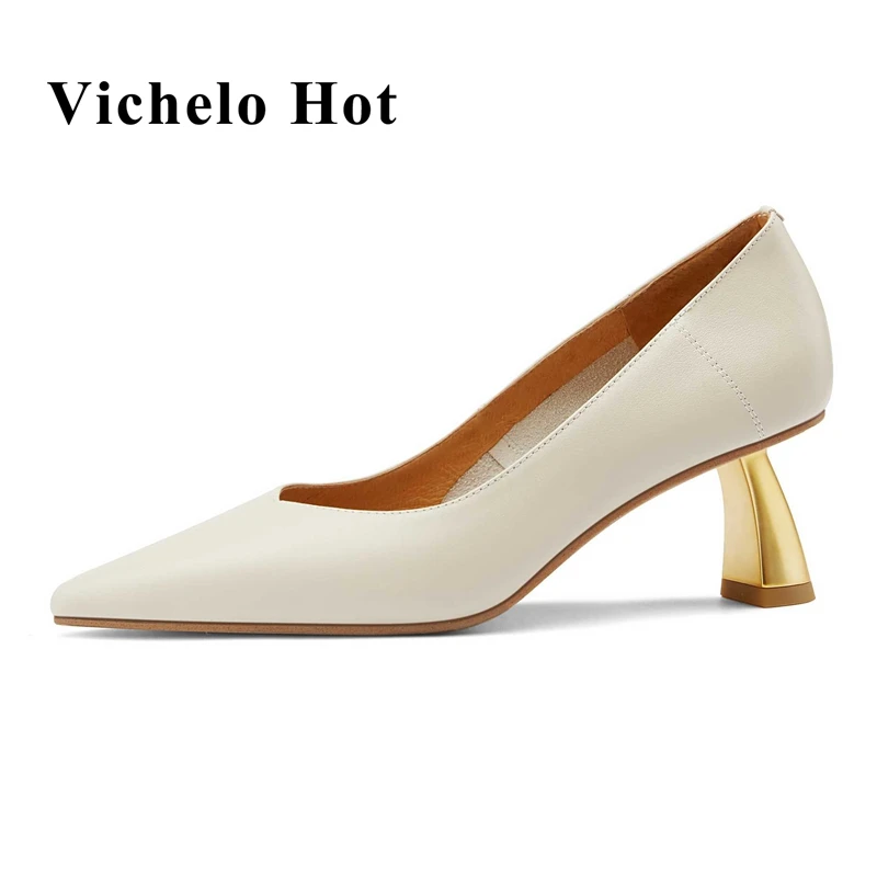 

Vichelo Hot genuine leather pointed toe strange high heels concise style beauty lady daily wear shallow basic women pumps L16