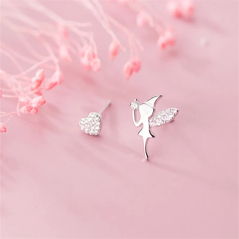 

OBEAR Silver Plated Elf Wings Sweet Studded Love Angel Asymmetric Ear Jewelry Stud Earrings For Women Gift