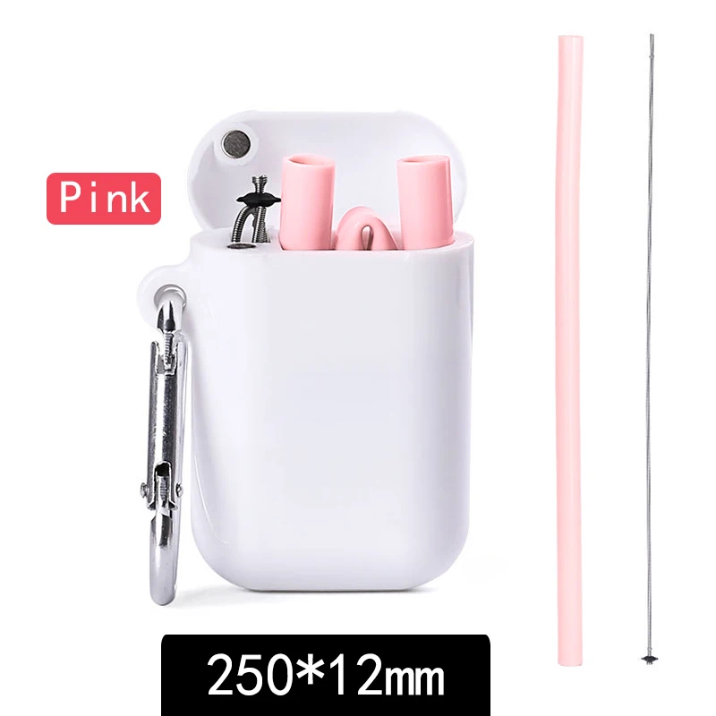 250x12mm pink Портативные складные соломинки для питья, аксессуары для бара, многоразовые силиконовые соломинки для вечерние, для офиса, путешествий, с щеткой для чистки, чехол - Цвет: 250x12mm pink
