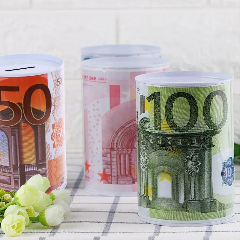 

Creative Euro Dollar Metal Cylinder Piggy Bank Saving Money Box Home Decoration
