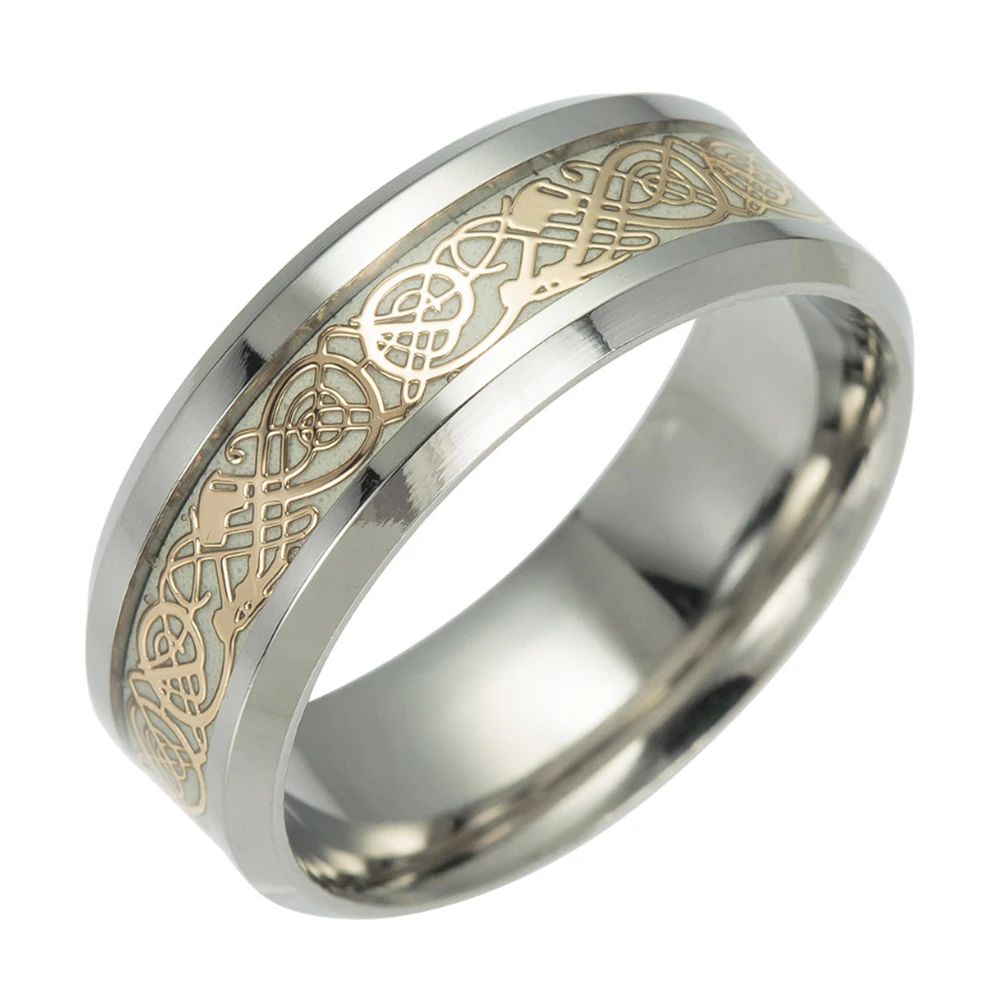 Новый титановый в стиле панк Сталь кольцо светится темноте с узором виде Дракона