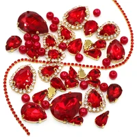 wedding decoration gold base red mix size glass crystal stones pearl beads cup chain rim rhinestones sew on clothingdress