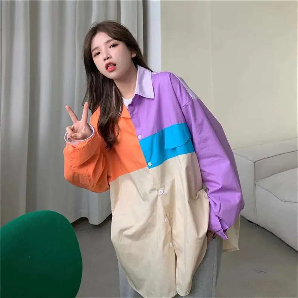 

Japan Patchwork Blouse Shirt Summer Oversize Shirt Women Harajuku Punk Long Sleeve Tops Tee Hip Hop Funny Clothes Shirt Girls
