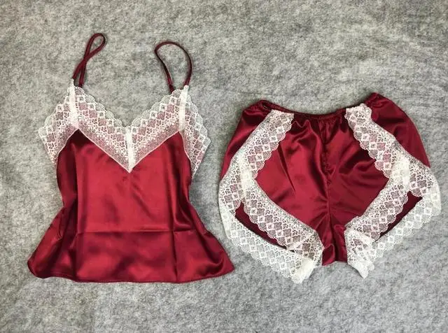 

Women's Sleepwear Sexy Satin Pajama Set White Lace V-Neck Pyjamas Sleeveless Cute Cami Top and Shorts Two-piece