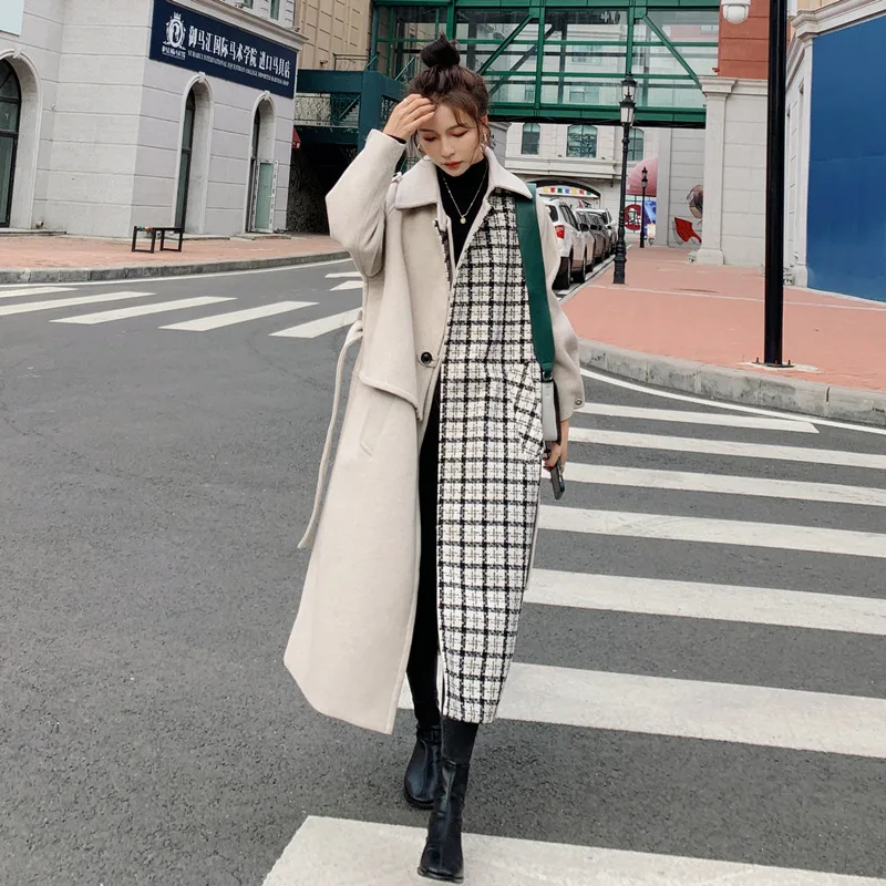 

Winter Woolen Jacket Female Plaid Hit Color Fashion Thickened Cashmere Ladies Cape Long Loose Stitching High-quality Women Coat