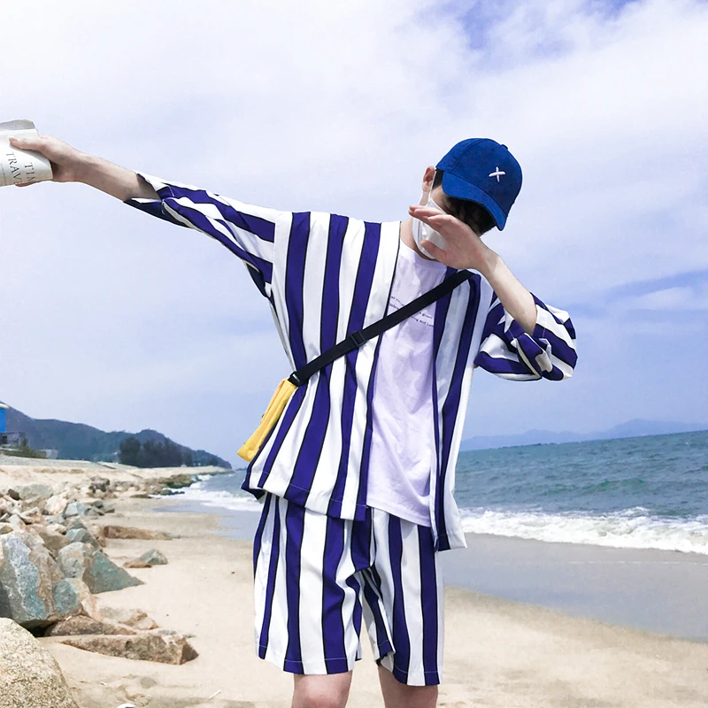 Кимоно укиё-э мужское с японским принтом рубашка и шорты в стиле аниме комплект