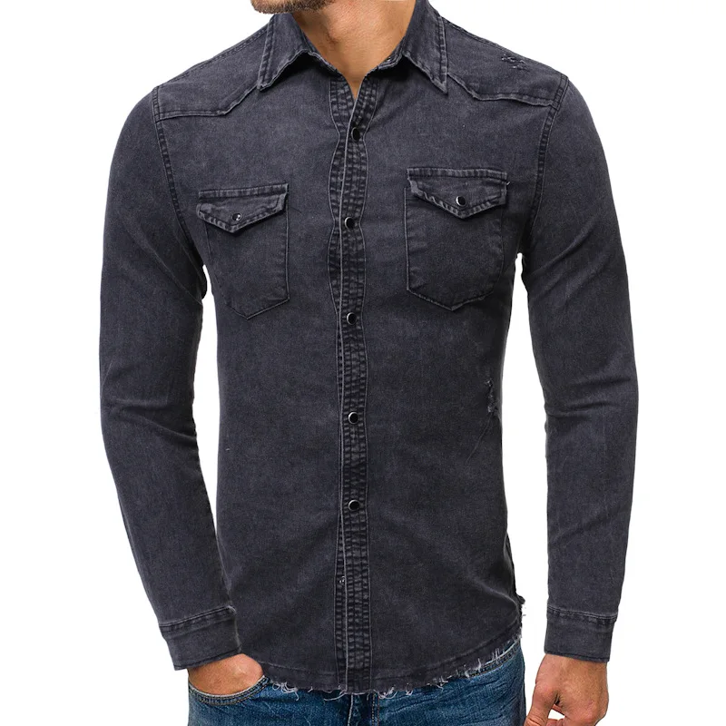 New Men's Shirts Denim Fashion Casual Jeans Jackets Long Sleeve Pocket Slim Fit Button Autumn Solid Color Turn Down Collar Tops | Мужская
