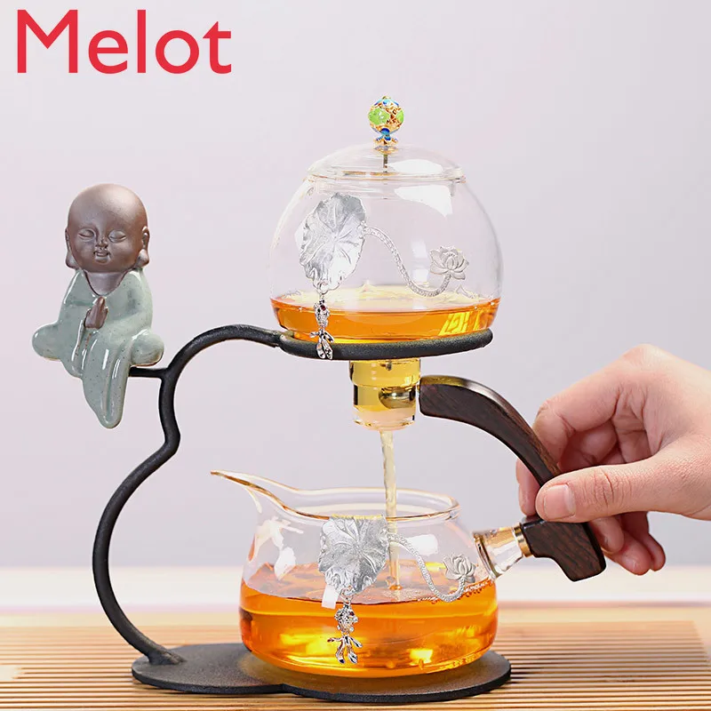 Teaware Zen con incrustaciones de esta&ntilde;o para hombre perezoso, dispositivo de fabricaci&oacute;n de t&eacute; completo y semiautom&aacute;tico, juego de t&eacute; transparente para oficina, juego de tazas de t&eacute; de 6-1