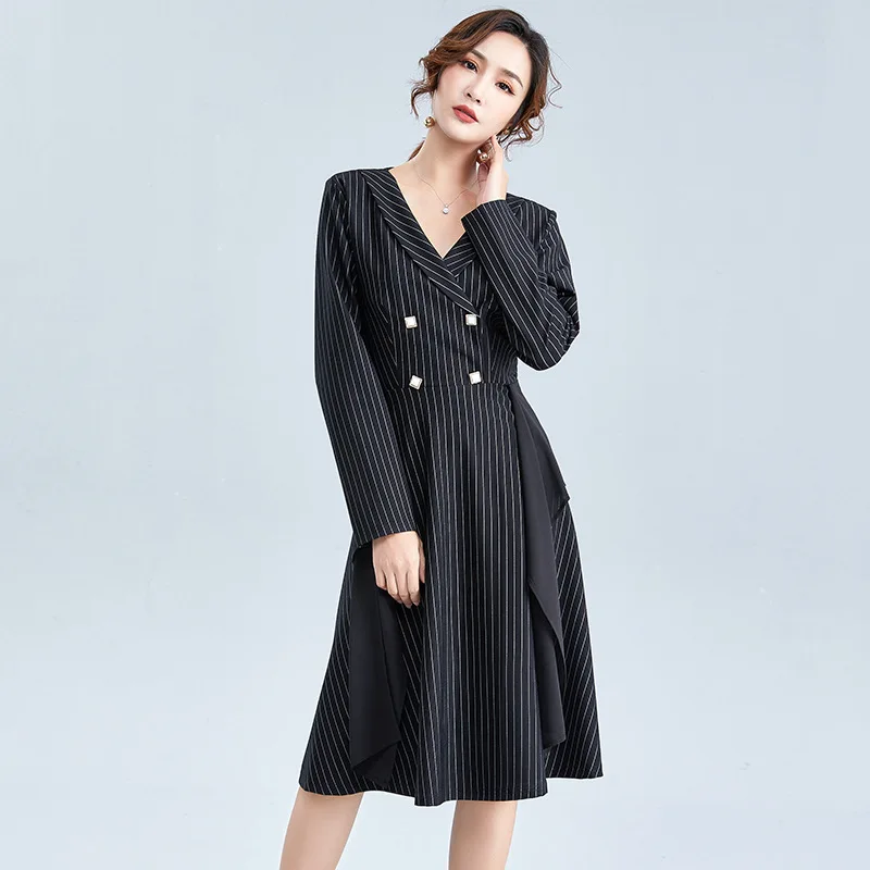 wreeima blue Stripe Women Dresses Office Lady Elegant Dress Turn-Down Collar Long Sleeve 2019 Autumn Button knee length | Женская одежда