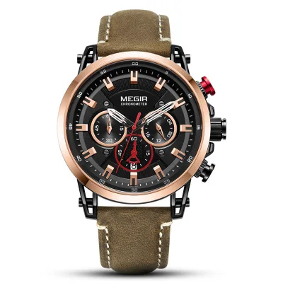 

MEGIR Men Watch Top Brand Luxury Gold Chronograph Wristwatch Date Military Sport Leather Band Male Water Resistant Clock