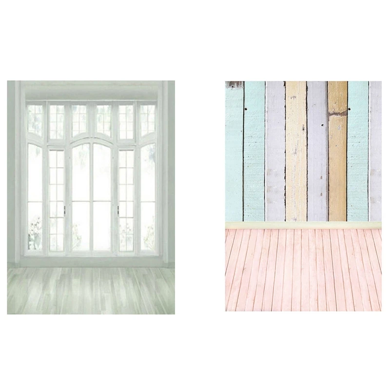 

2 Pcs 3X5ft Wooden Wall Floor Studio Photography Background Backdrop - Colorful & White