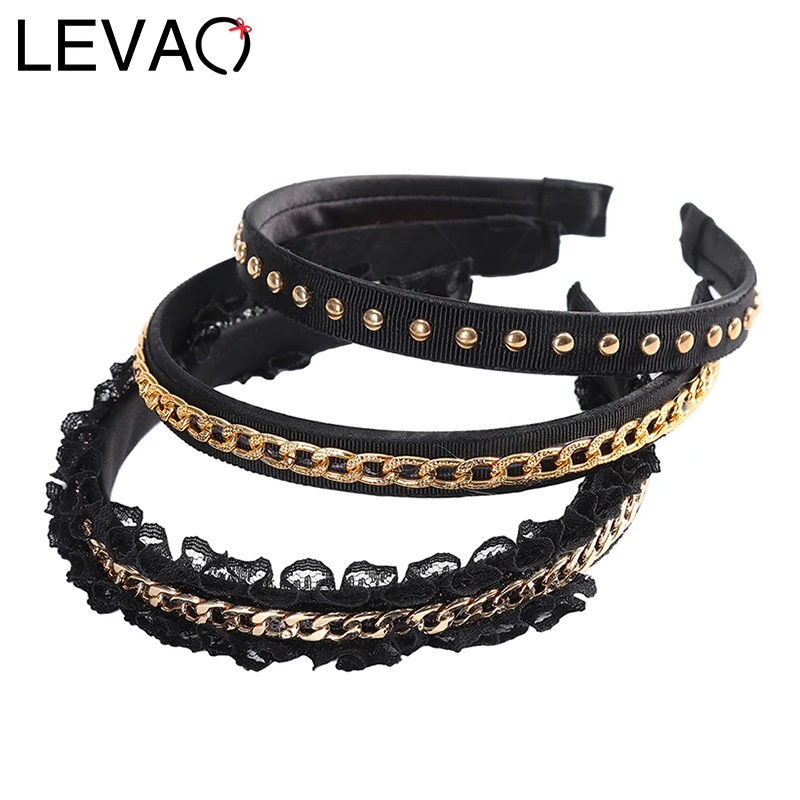 Женский обруч для волос LEVAO черный с цепочкой ободок повязка на голову| |