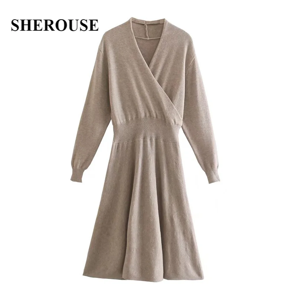 

Женское трикотажное платье Sherouse, повседневное элегантное платье средней длины с v-образным вырезом и длинными рукавами