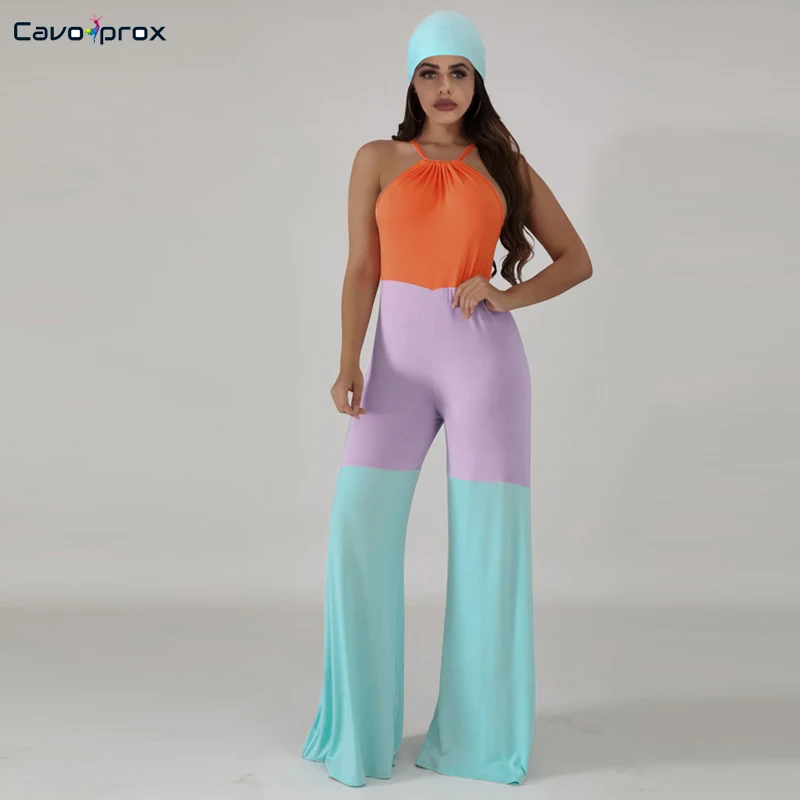 Women Color Block Halter Wide Leg Bodycon Sleeveless Jumpsuits with Hats Casual Plus Size Fashion New Trends | Женская одежда