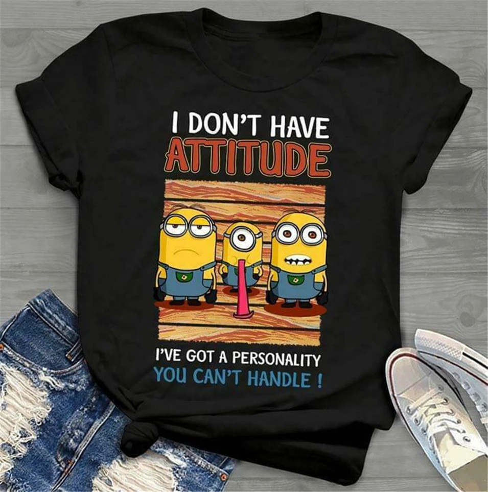 Футболка с миньонами I't Have Attitude Got A personity черная Хлопковая мужская S-6Xl футболка