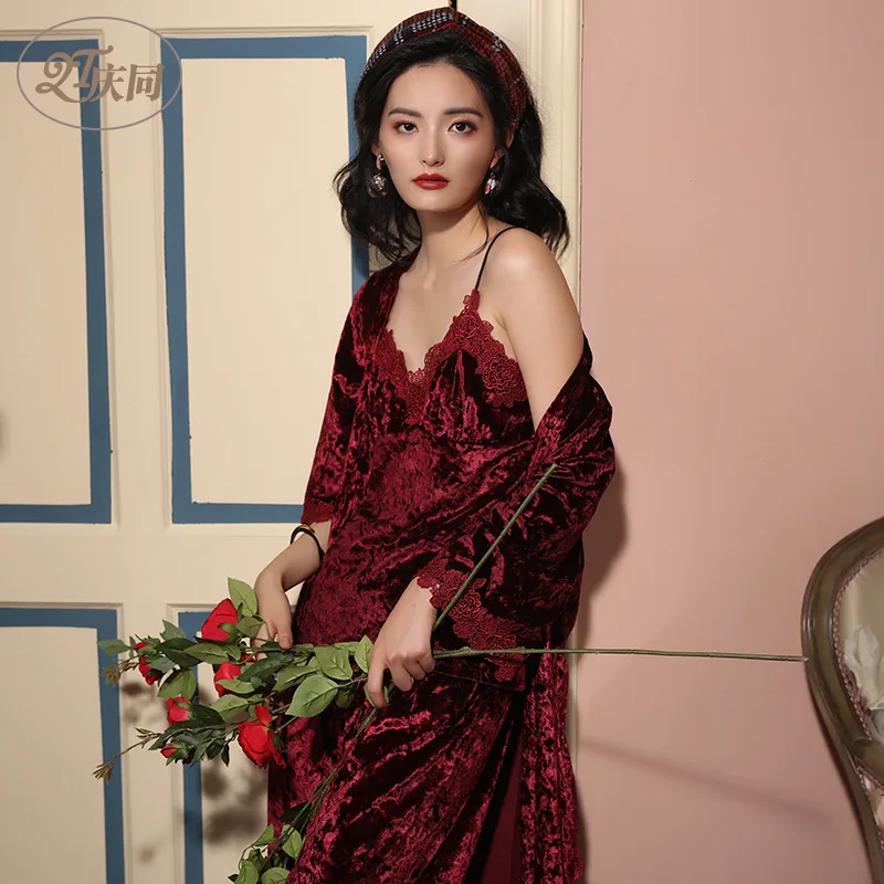 Новинка 2019 золотистые бархатные пижамы 3 предмета Осенние милые уличные