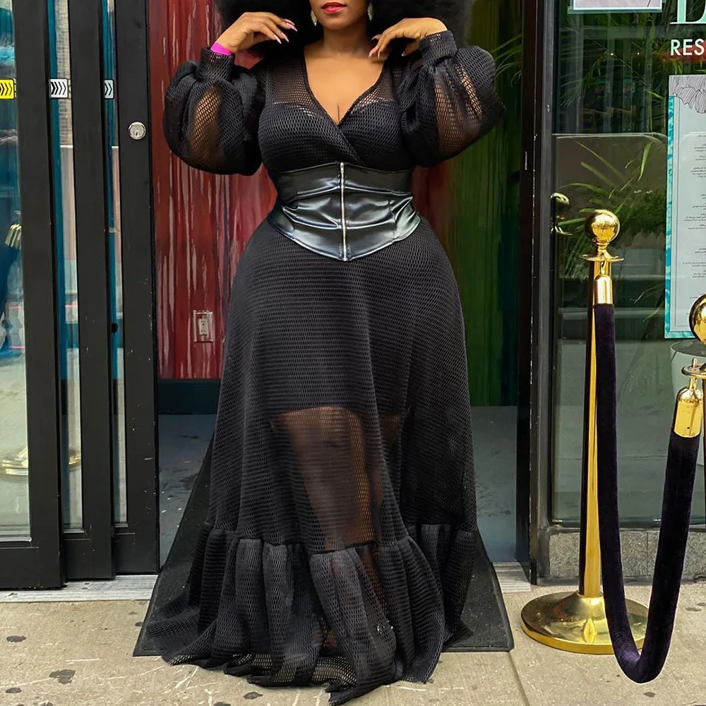 

Sexy Plus Size Black Women Dress 2020 Autumn Long Lantern Sleeve Party Club Ruffle Maxi Dress Femme Vestiods Mesh Dress Sheer