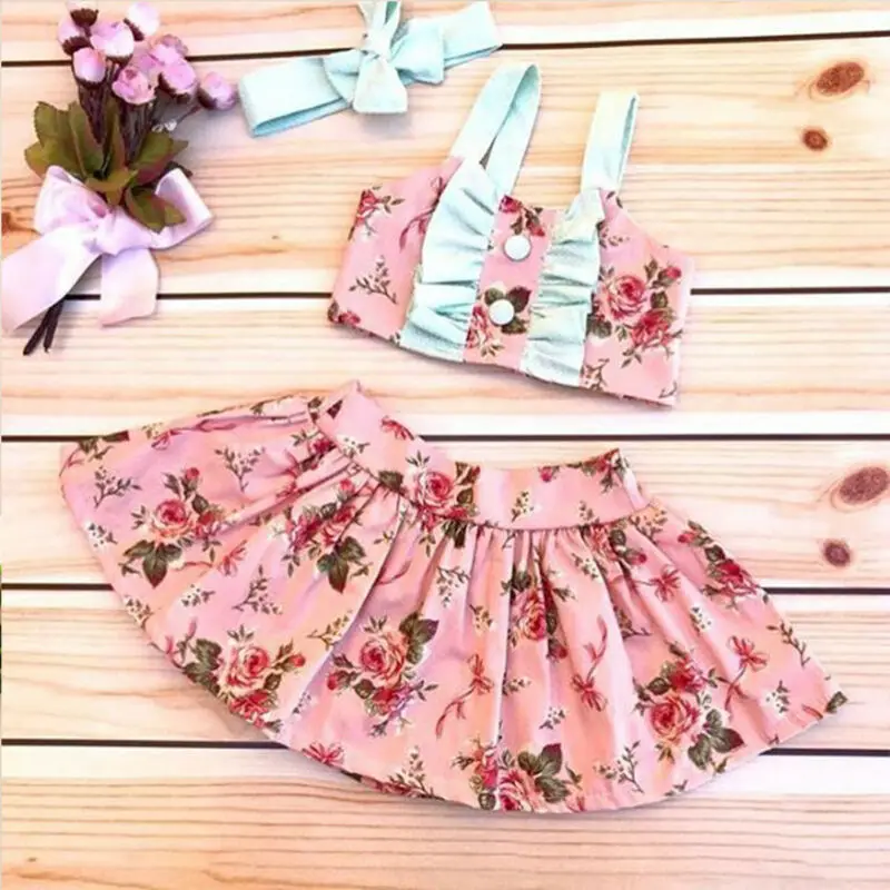 

US Infant Baby Girls Button Sling Tops Flowers Skirt Headband Summer Clothes