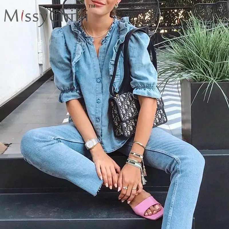 MissyChilli синяя Джинсовая блузка с оборками и пышными рукавами женская элегантная