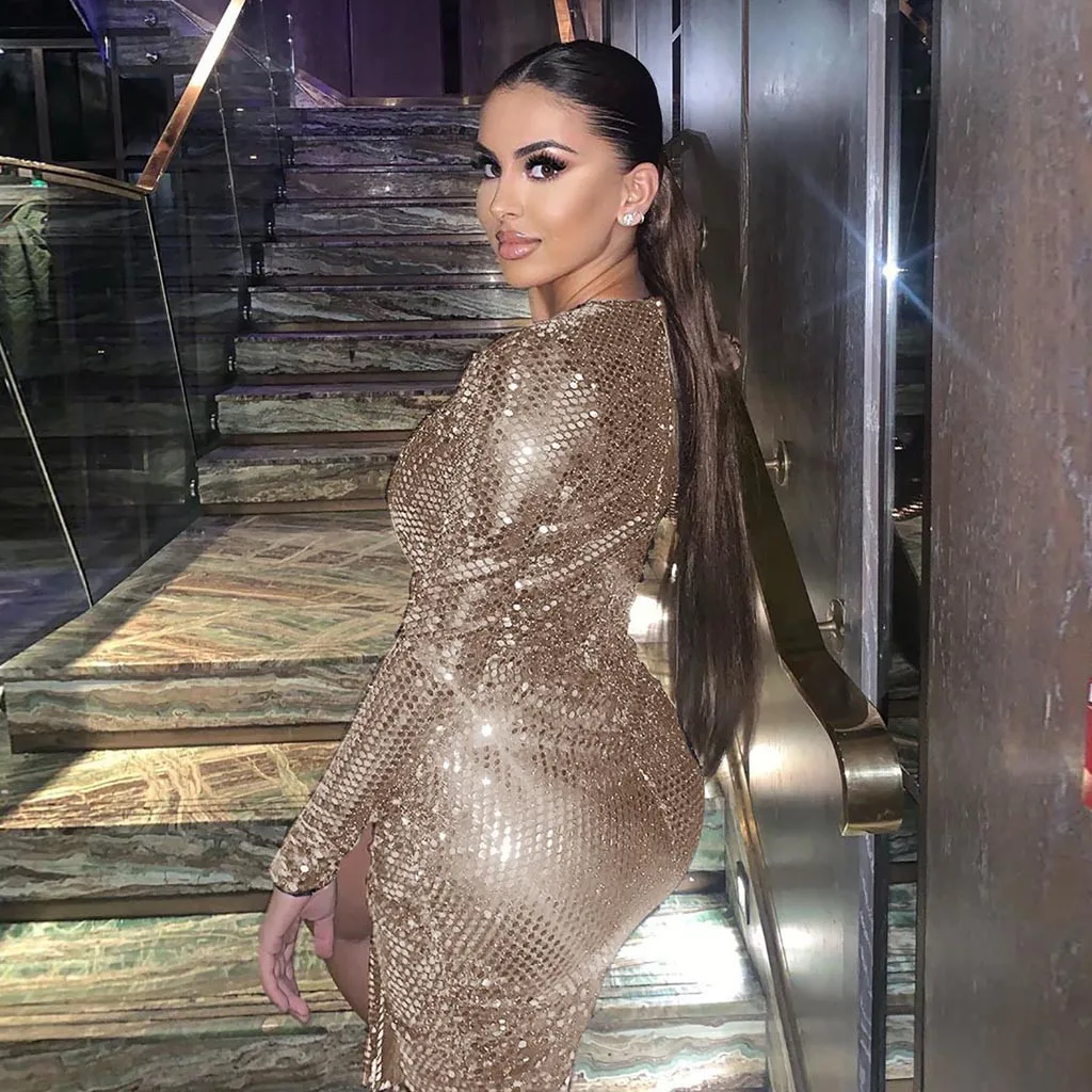 2019 модное осеннее женское вечернее платье сексуальное с длинным рукавом