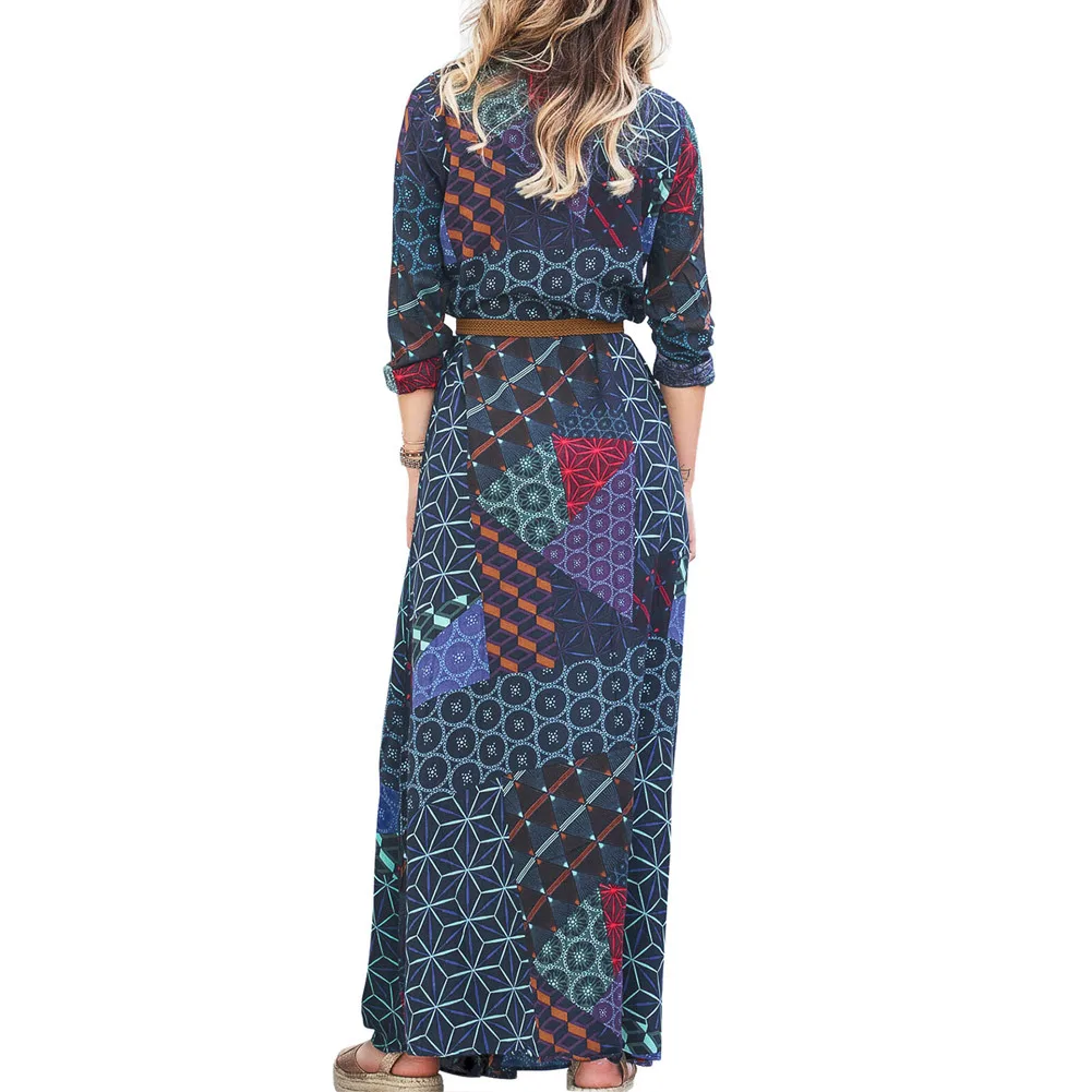 

Autumn Winter Long Dress New Slim All Amtch Printed High Waist Dress Fashion Long Sleeve Suit Collar Women's Long Dress