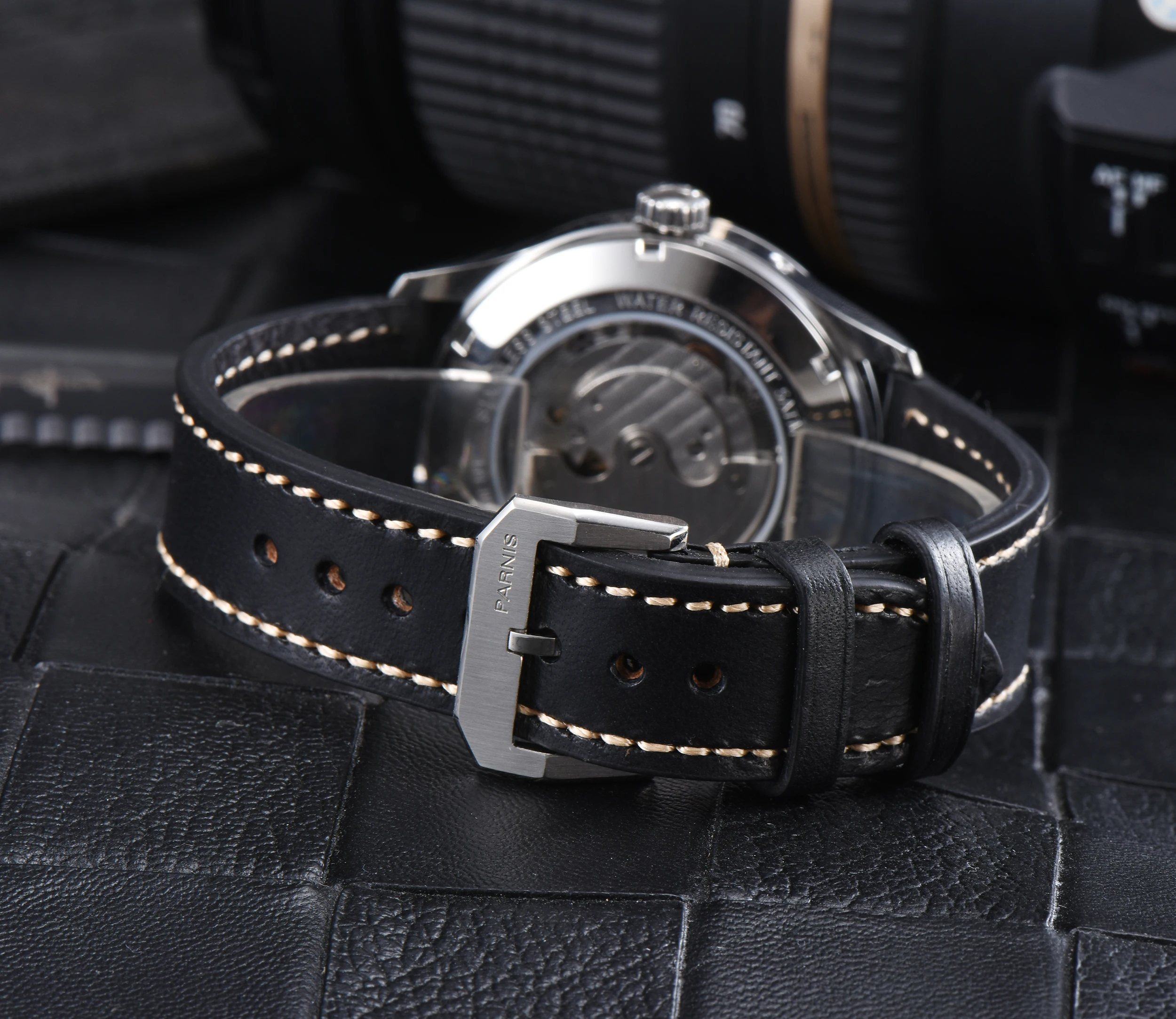 Часы мужские механические с автоподзаводом синим циферблатом и календарем