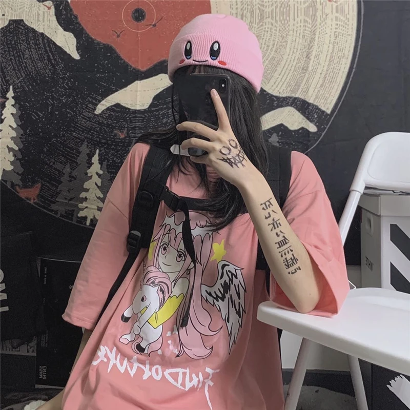 

Women T-shirts Long Sleeve Cartoon Print Loose Casual Tees Tops Thin Soft Harajuku Streetwear Teens Girls Tops