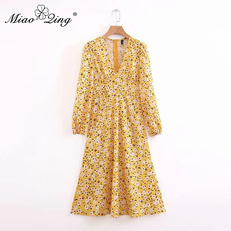 MIAOQING женское платье с цветочным принтом v образный вырез фонарь длинный рукав