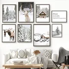 Настенная картина с изображением зимнего леса, ели, сосны, оленя, лося, постеры и принты на холсте в скандинавском стиле, настенные картины для декора гостиной