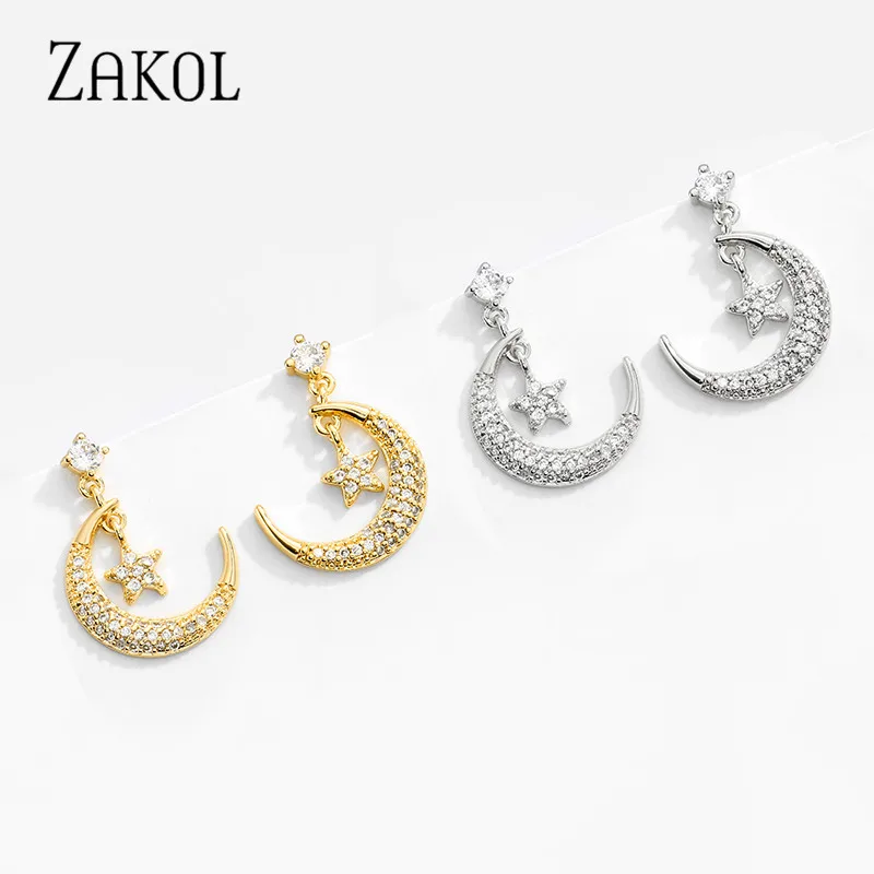 ZAKOL модные блестящие серьги с фианитом и кристаллами Звезды Луны для женщин