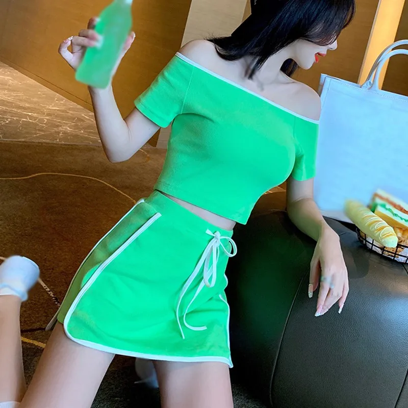 

2 Colors Women's Slash Neck Short Sleeves T Shirt + Mini Skirt Two-Piece Set /