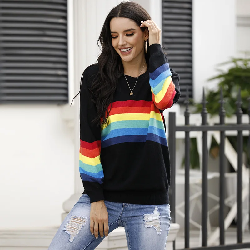 

Sweater Women's 2020 New Style for Autumn and Winter Student Undershirt Rainbow Striped Pullover Knitting Shirt
