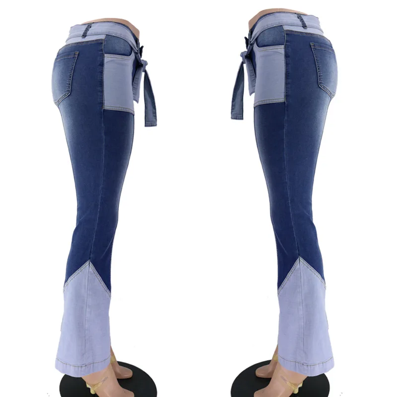 

denimcolab vintage Splicing flared pants jeans women elastic with belt skinny jeans ladies patchwork high waist jeans trousers