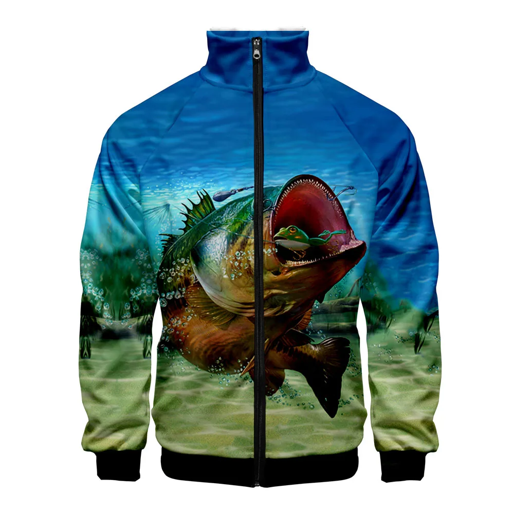 Куртка на молнии с 3D принтом рыбы стоячий воротник модная женская/мужская куртка
