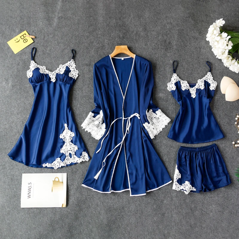 

Пижама женская летняя новая кружевная шелковая сексуальная пижама на подтяжках шорты костюм из четырех предметов пижама домашний сервис ж...