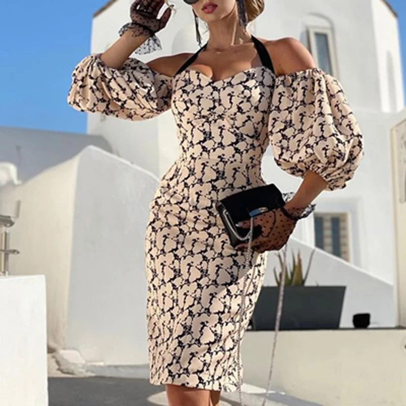 

Elegant Lantern Sleeve Halter Dress Women Autumn Off Shoulder Slim Party Club Dresses Ladies Spring Vintage Prints Bodycon Dress