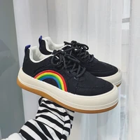 japanese rainbow embroidery canvas sneakers women flats platform skateboard shoes men comfortable couple black canvas sneakers