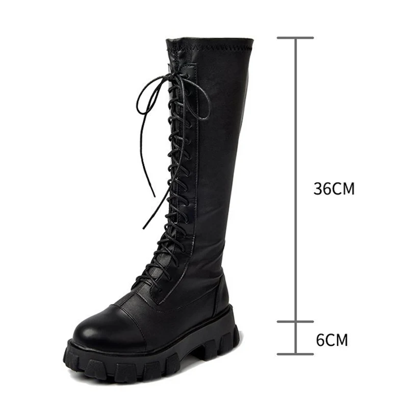 

2021 Autumn Winter Fashion Lace Up Long Boots Chunky Platform Black PU Leather Knee High Boots Woman Thick Bottom Shoes