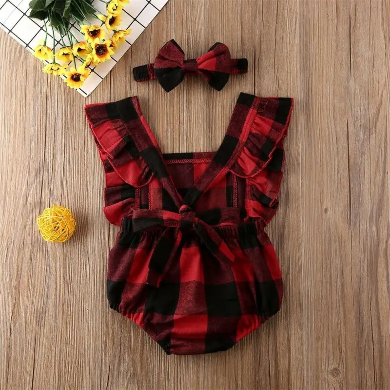 

0-18M Christmas Baby Red Clothes Newborn Infant Girls Plaid Rompers Ruffles Jumpsuit Sleeveless Xmas Baby Girls Costumes
